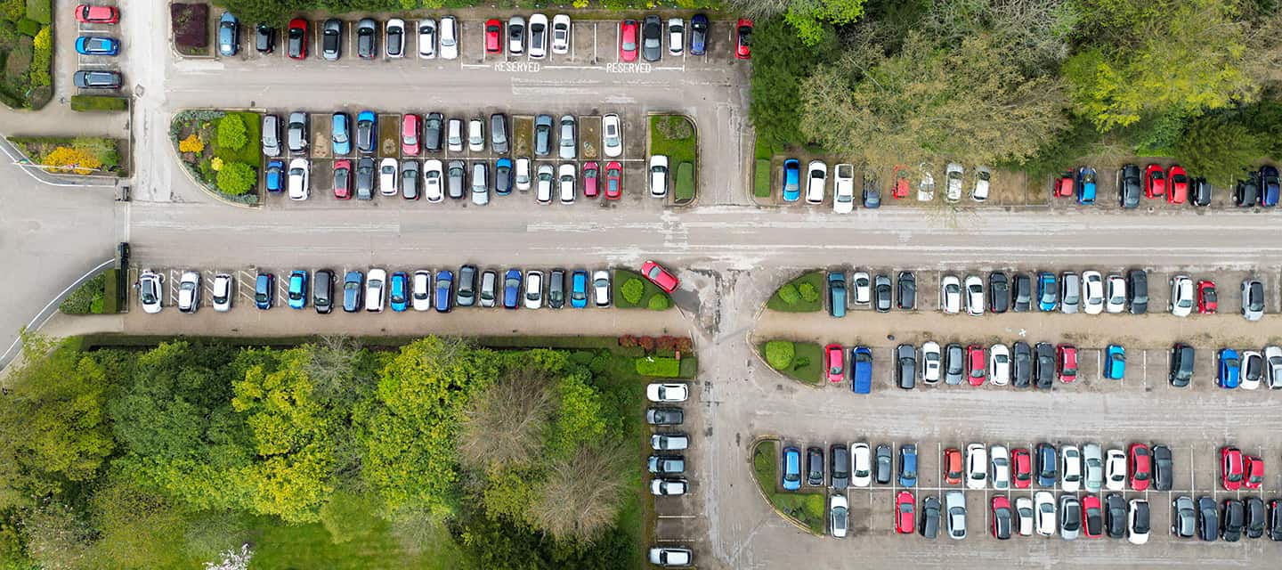 A variety of different cars parked in a woodland car park