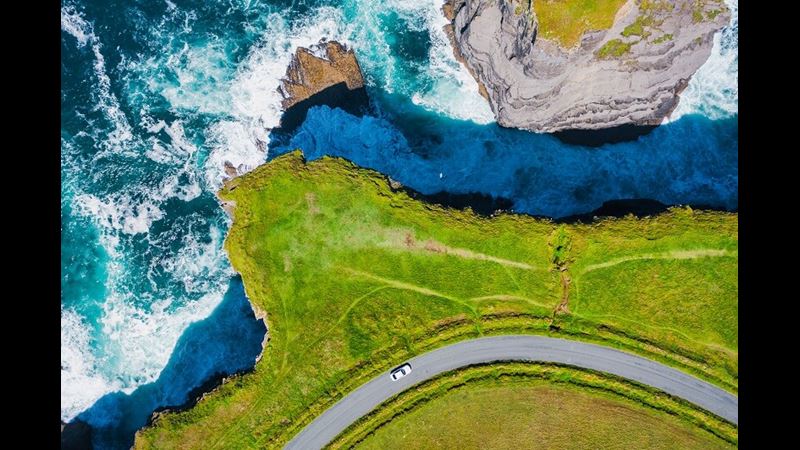 Aerial view of a car on the Wild Atlantic Way 