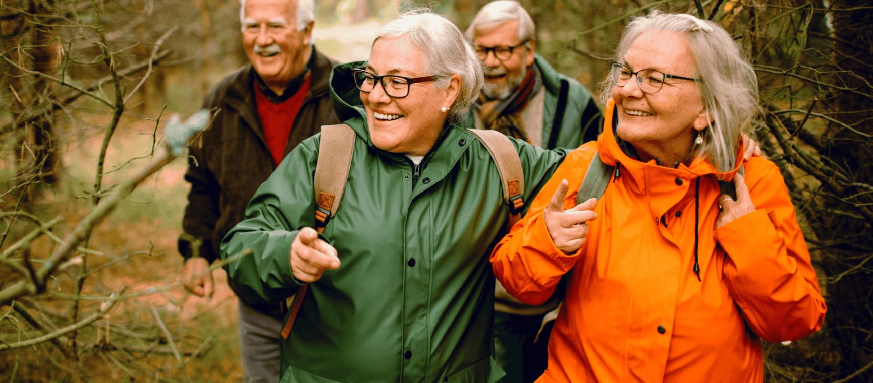 Two couples out walking in the woods looking happy