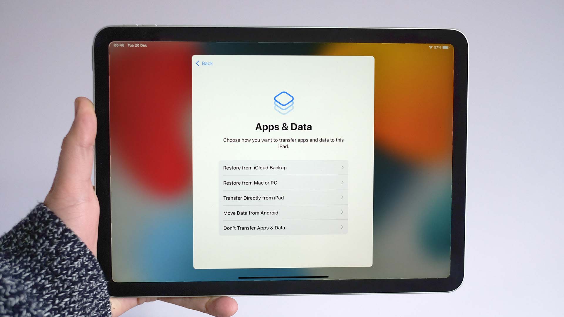 An iPad with the screen showing the options for apps and data