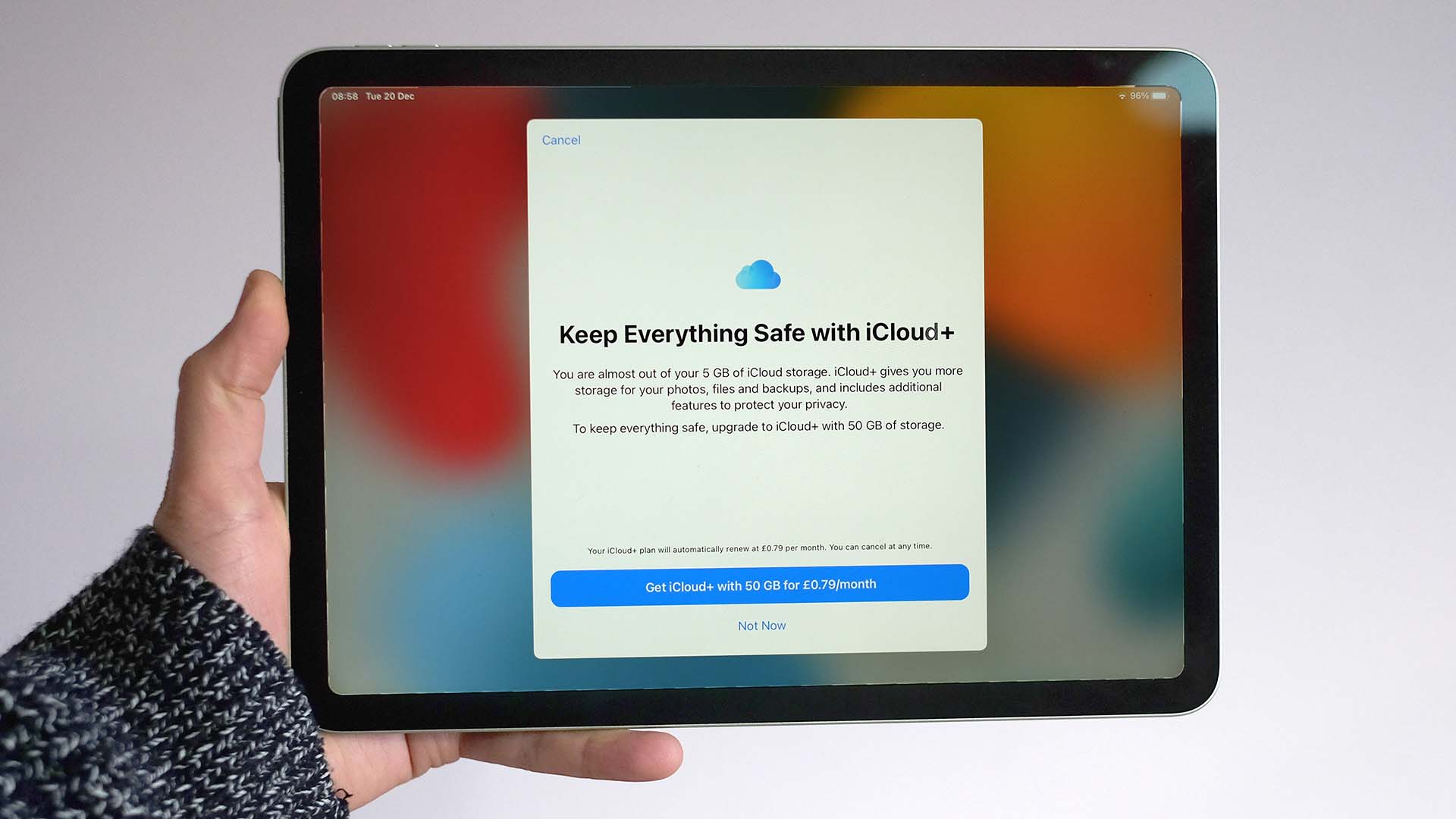 An iPad with the screen showing the iCloud+ screen