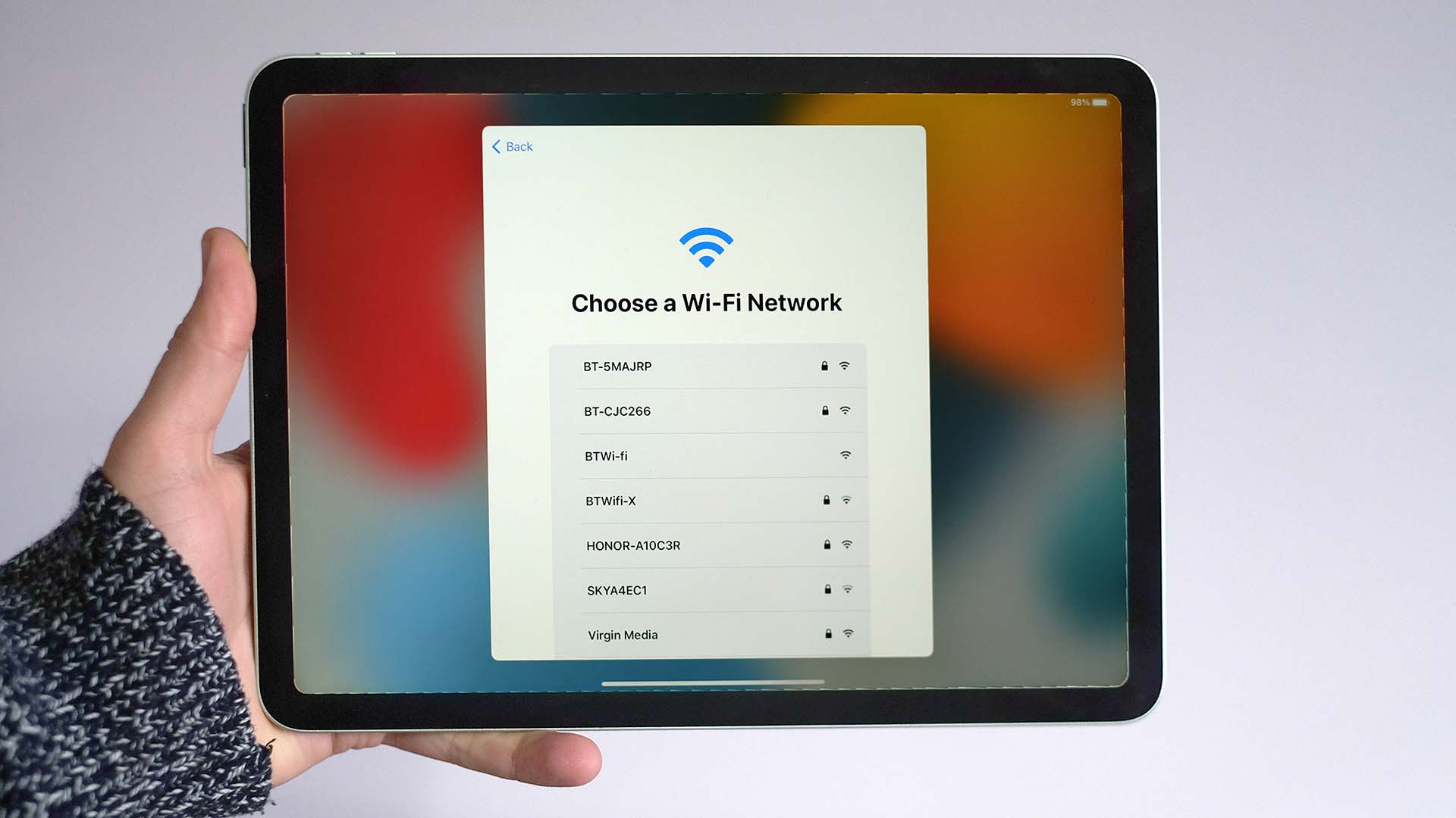 An iPad with the screen showing the options for choosing a wi-fi