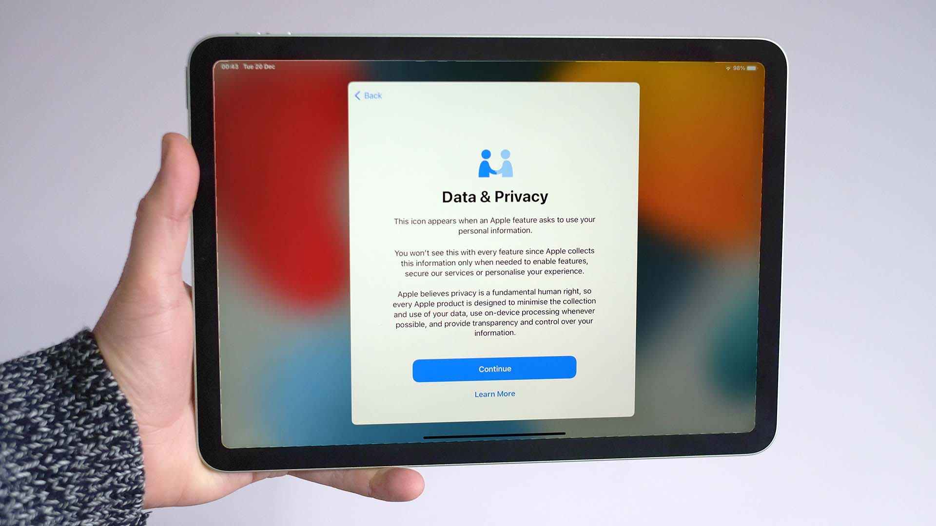 An iPad with the screen showing the options for data and privacy