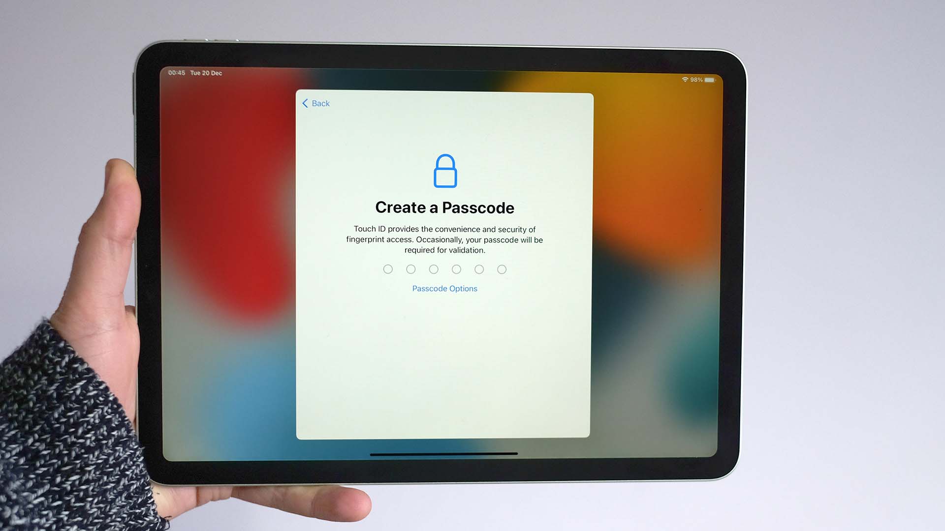 An iPad with the screen showing the options for creating a passcode