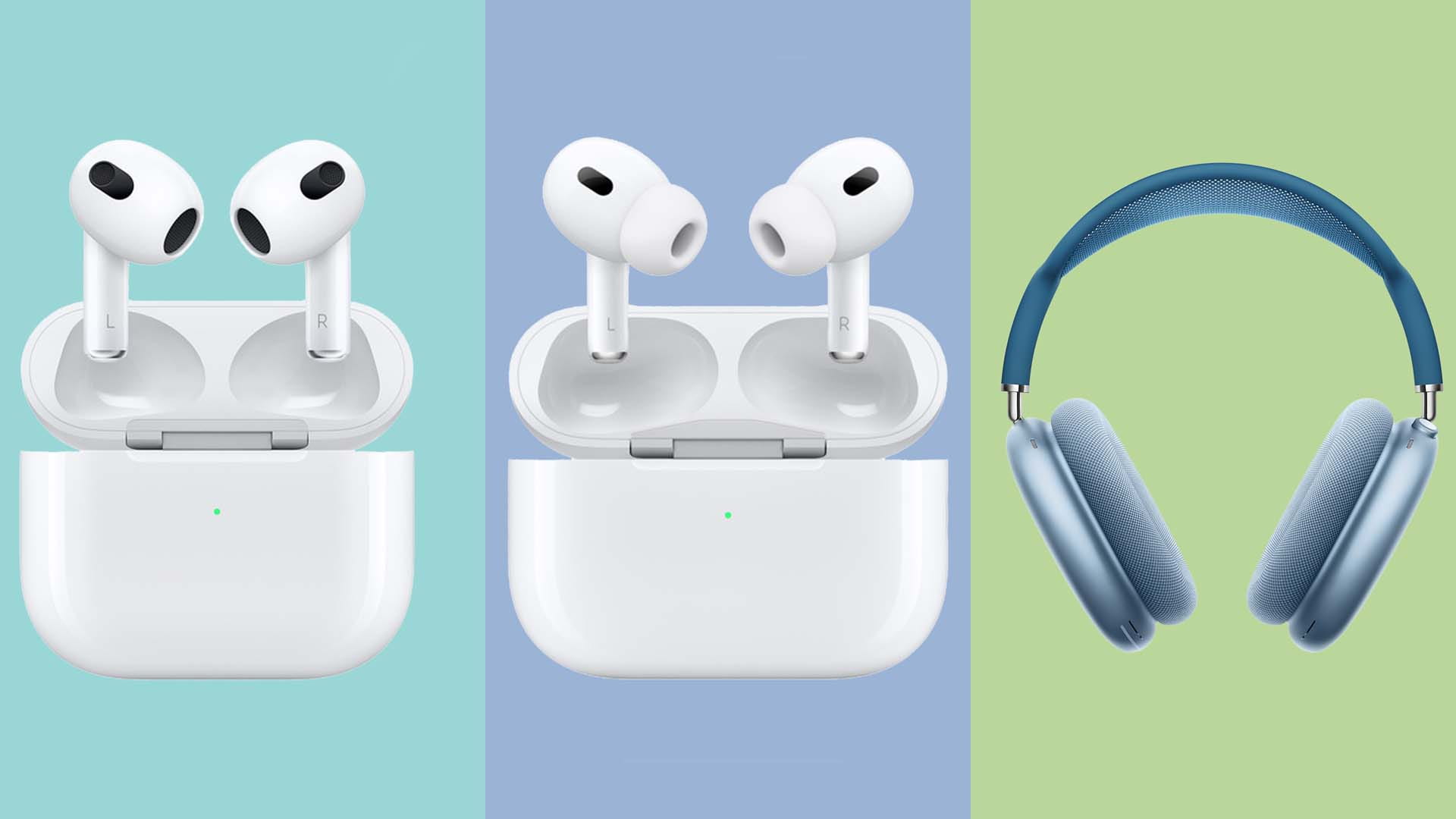 Two examples of Apple's Airpods and an image of headphones
