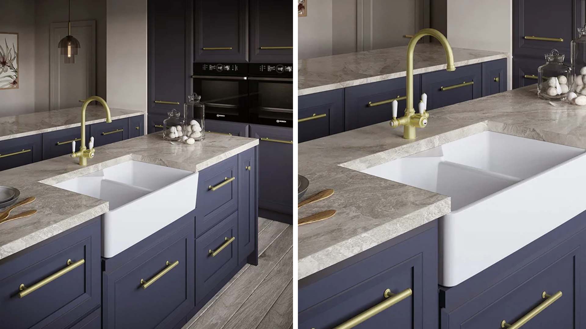 A white Belfast sink built into a kitchen island with marble countertops and dark blue cupboard doors with gold fixtures. A second image shows a close-up of the sink.