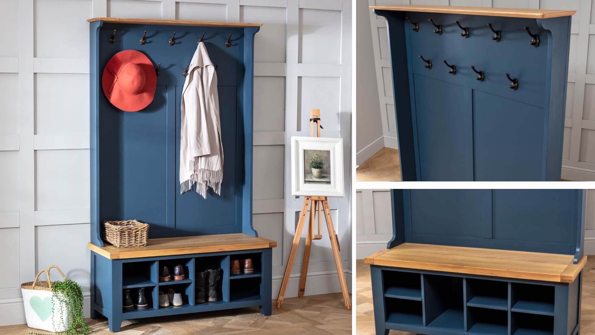 A hall area with a shoe bench and hooks for coats and hats