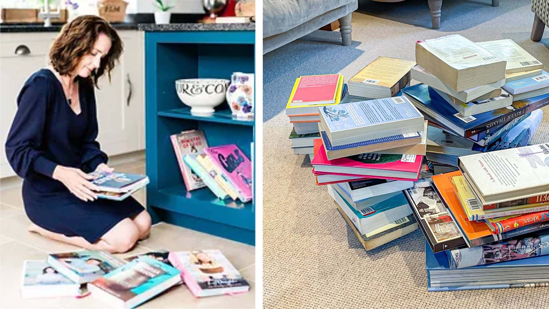 Two side-by-side images; one is of a woman organising bookshelves, the other is of a pile of books