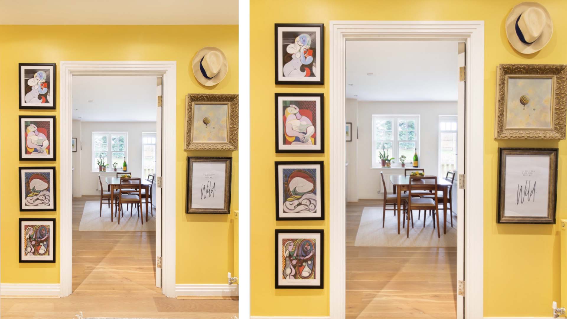 A open doorway into a dining area, with the surrounding wall painted in a vibrant yellow and decorated with framed artwork