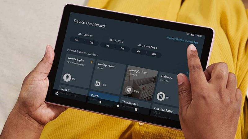 A close up on someone using Amazon's Fire HD 10 tablet