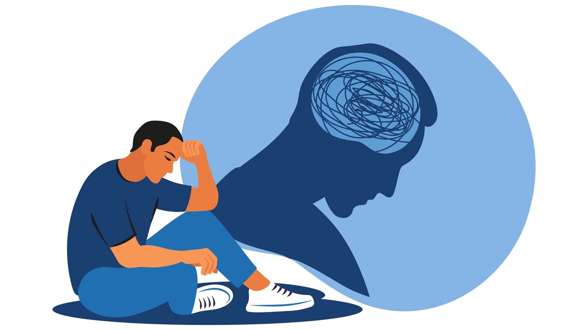 Cartoon man thinking too much with a graphic of a messy mind behind him