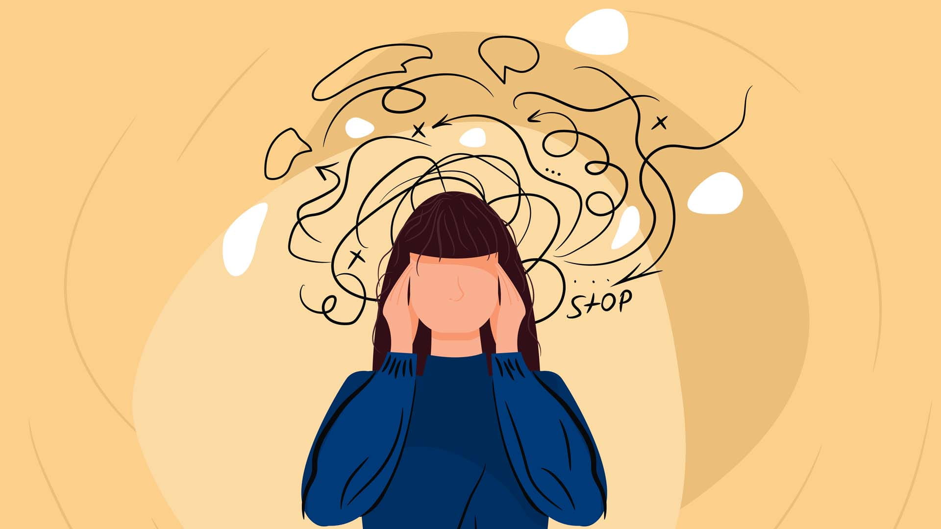 Cartoon of a woman with too much going on in her mind