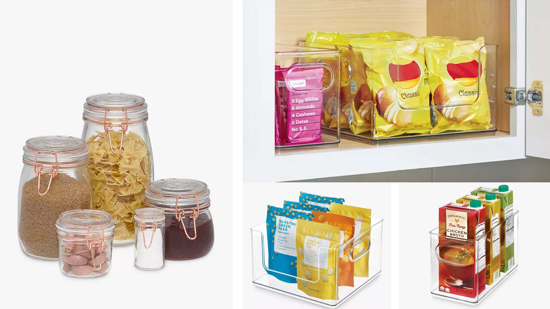 A collage of kitchen storage containers, including mason jars filled with pasta and other ingredients, and plastic trays containing packets of food.