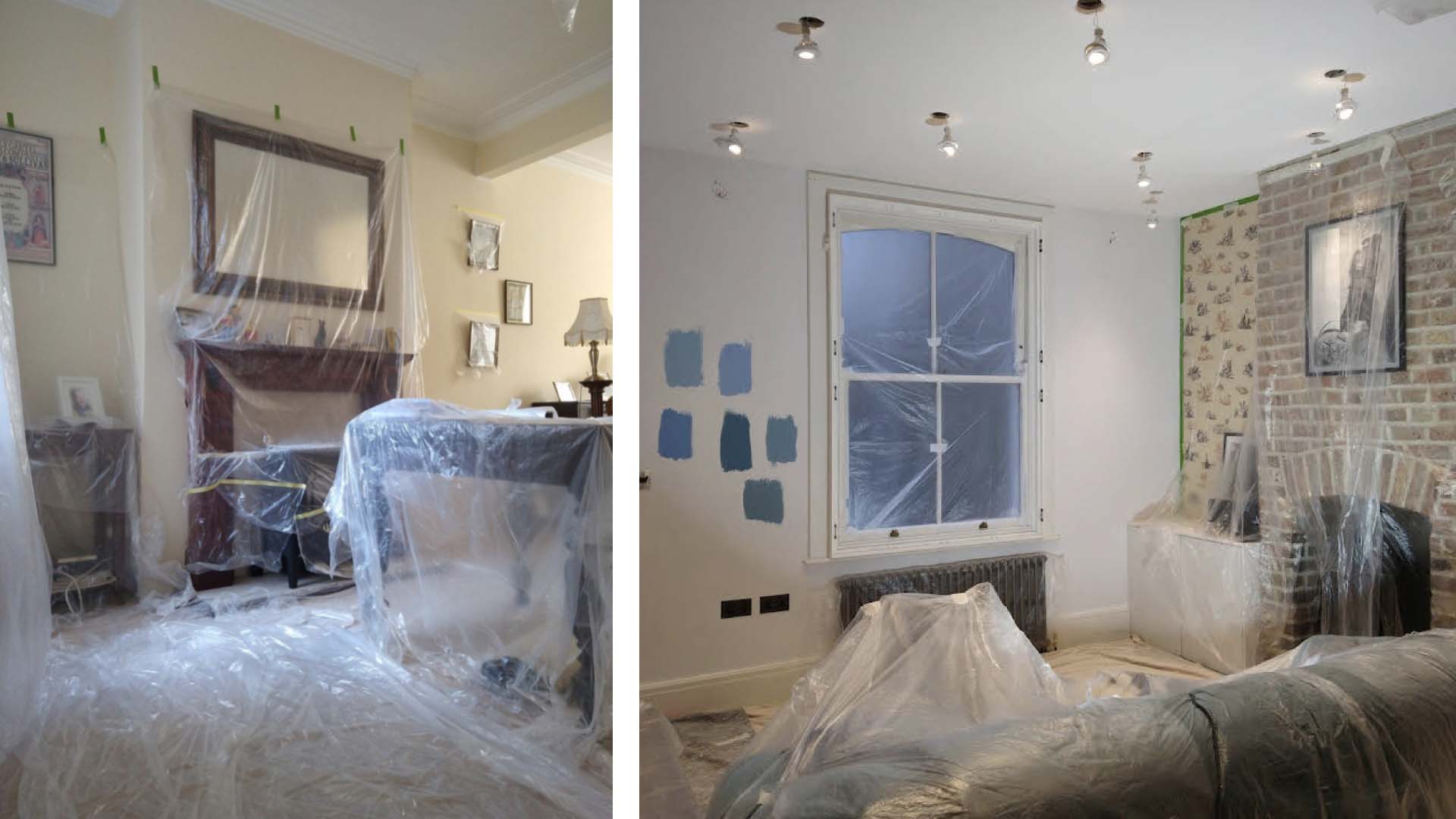 two images showing cream ceilings in living rooms