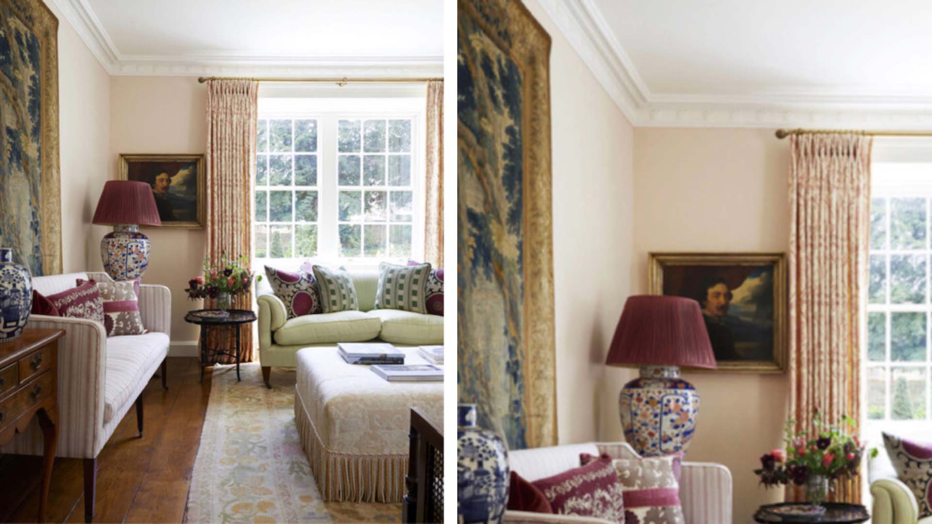 A classic sitting room with wooden floors, off-white painted walls and traditional furniture