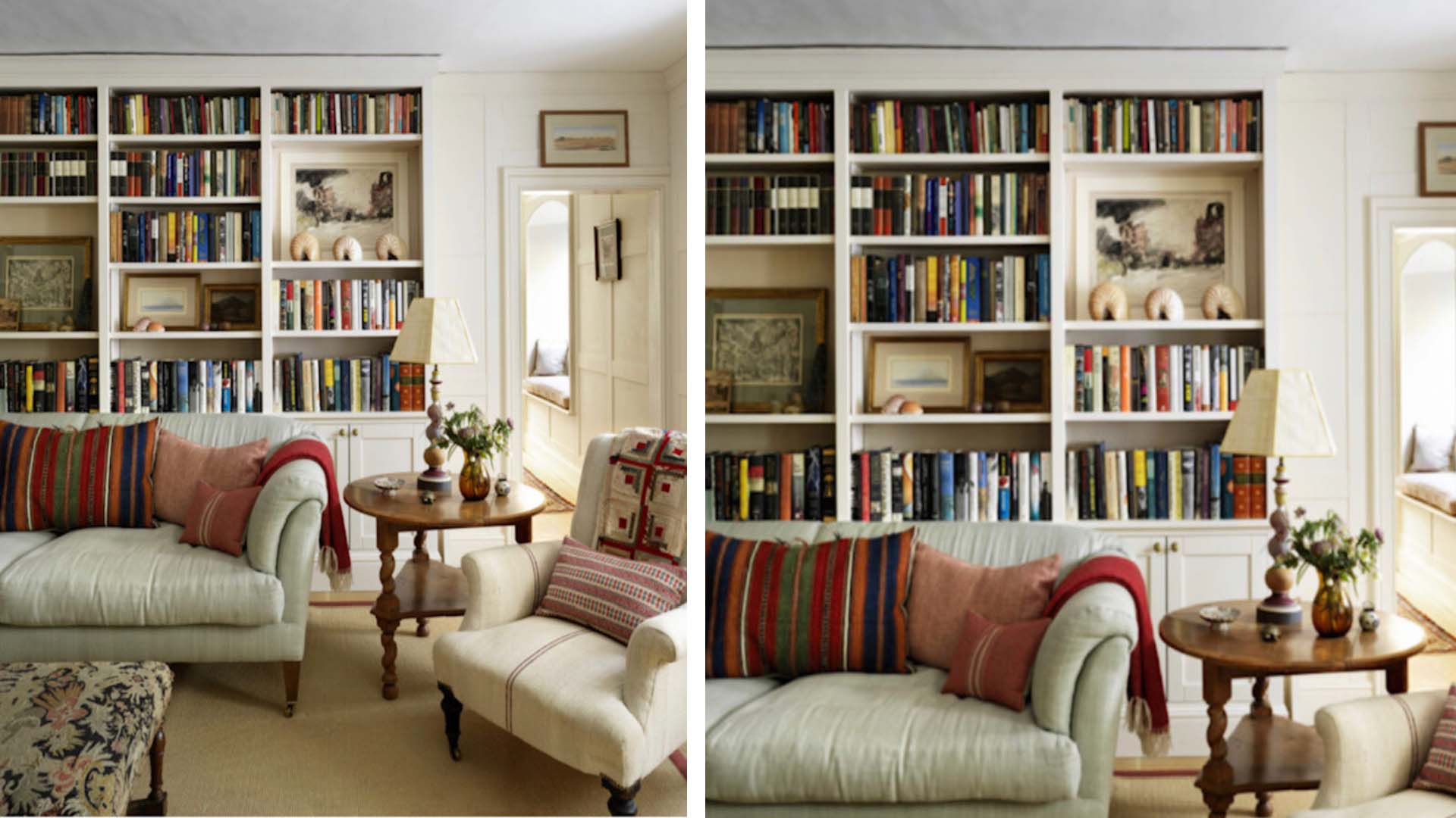 A sitting room with a full wall bookcase and neutral furnishings
