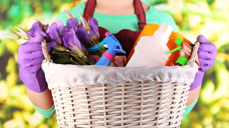woman carrying a cleaning basket with cleaning products inside