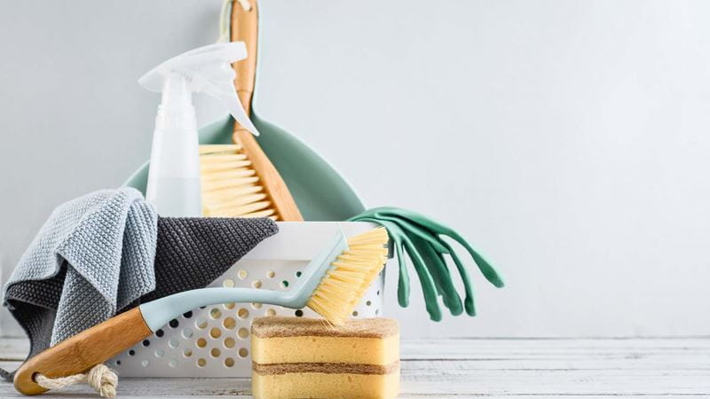 washing basket with cleaning products