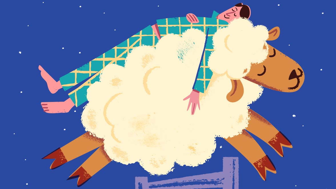 A cartoon illustration of a person in pyjamas lying on top of a sheep in the night's sky; counting sheep can help you to sleep
