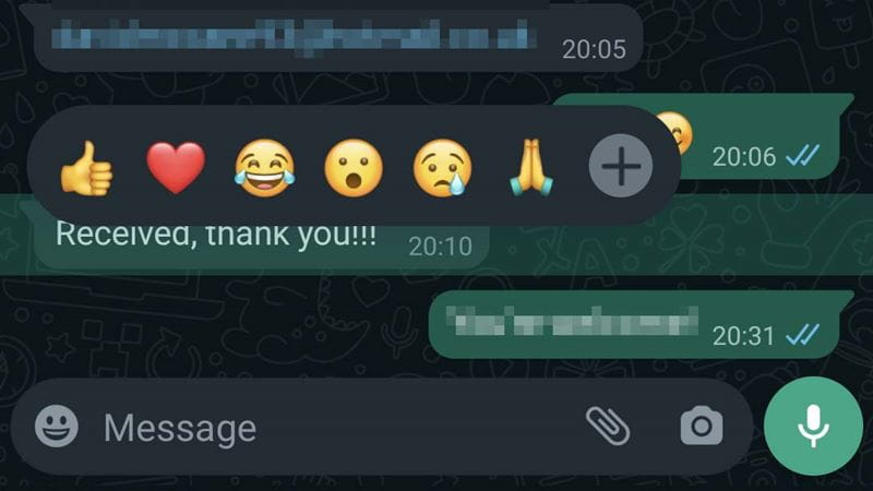 A screenshot to show the react function in Whatsapp
