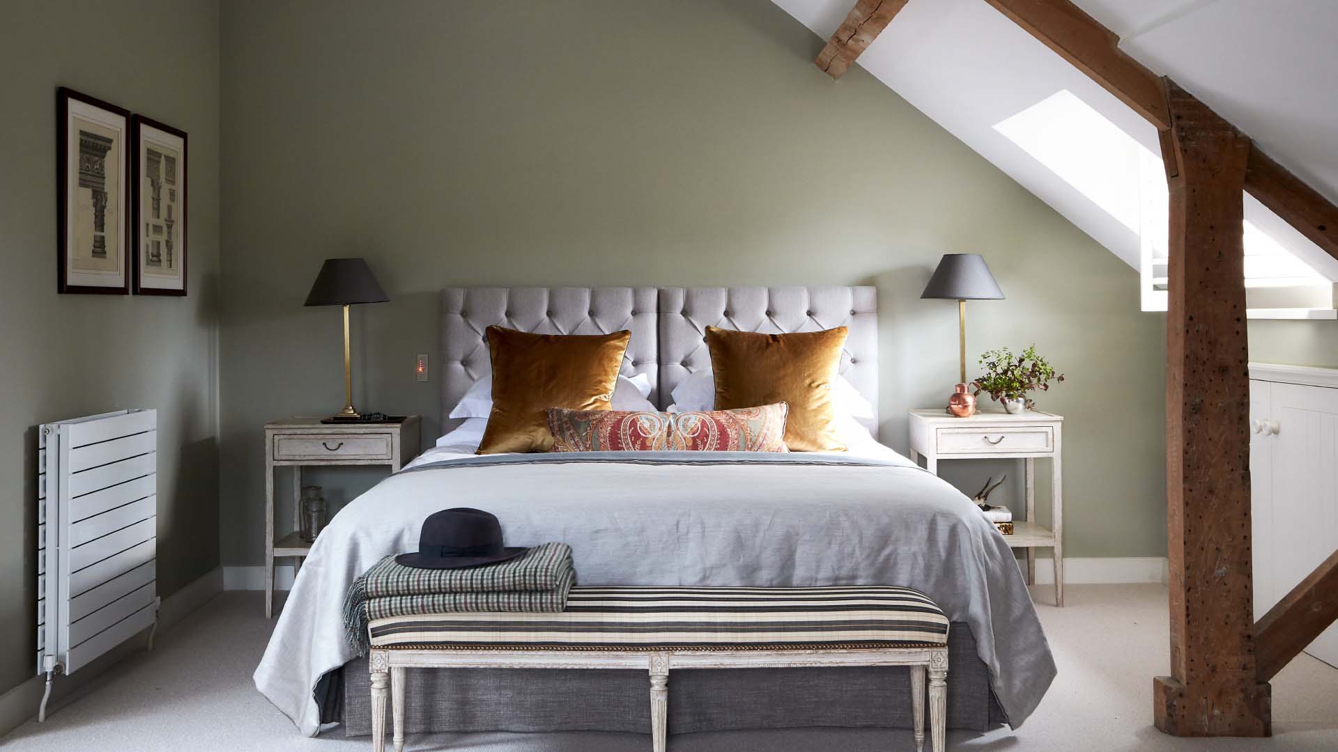 Restful bedroom with natural charm by K&H Design, using Farrow & Ball paint