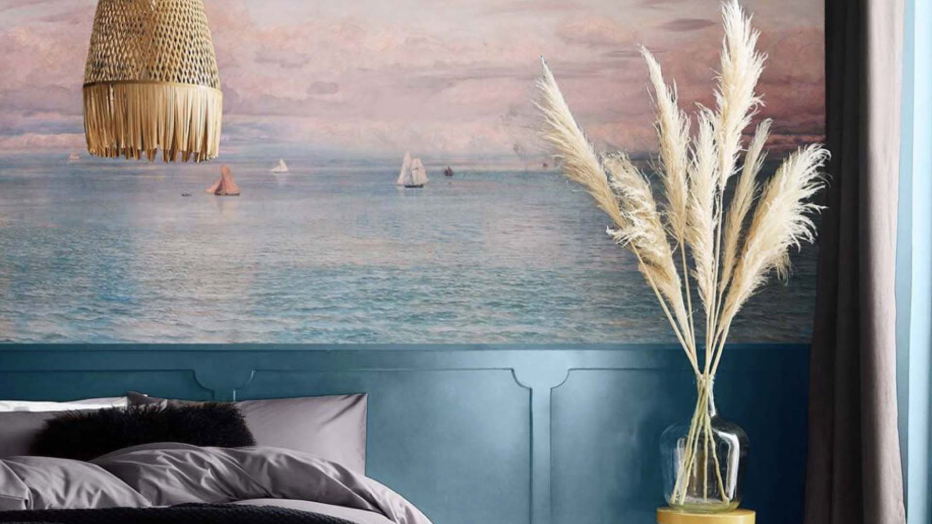 pink and blue calming wallpaper in the room