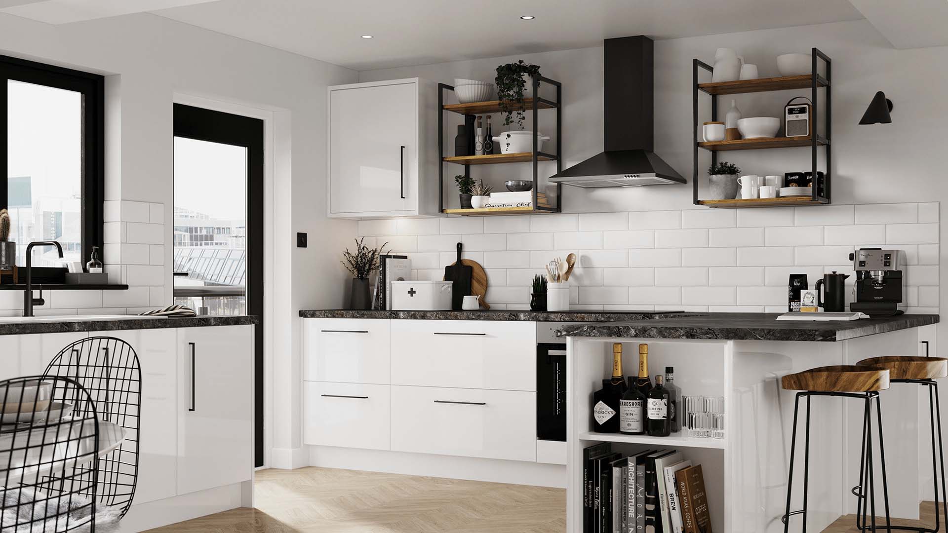 A monochromatic kitchen with white units and black counters