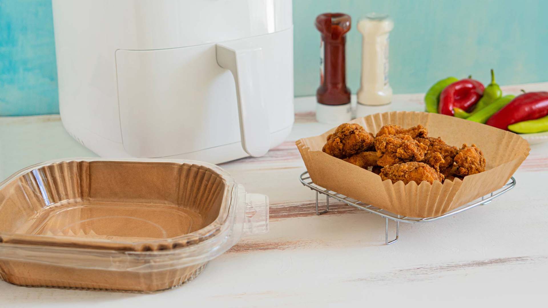 Breaded chicken in a disposable baking paper liner next to an air fryer