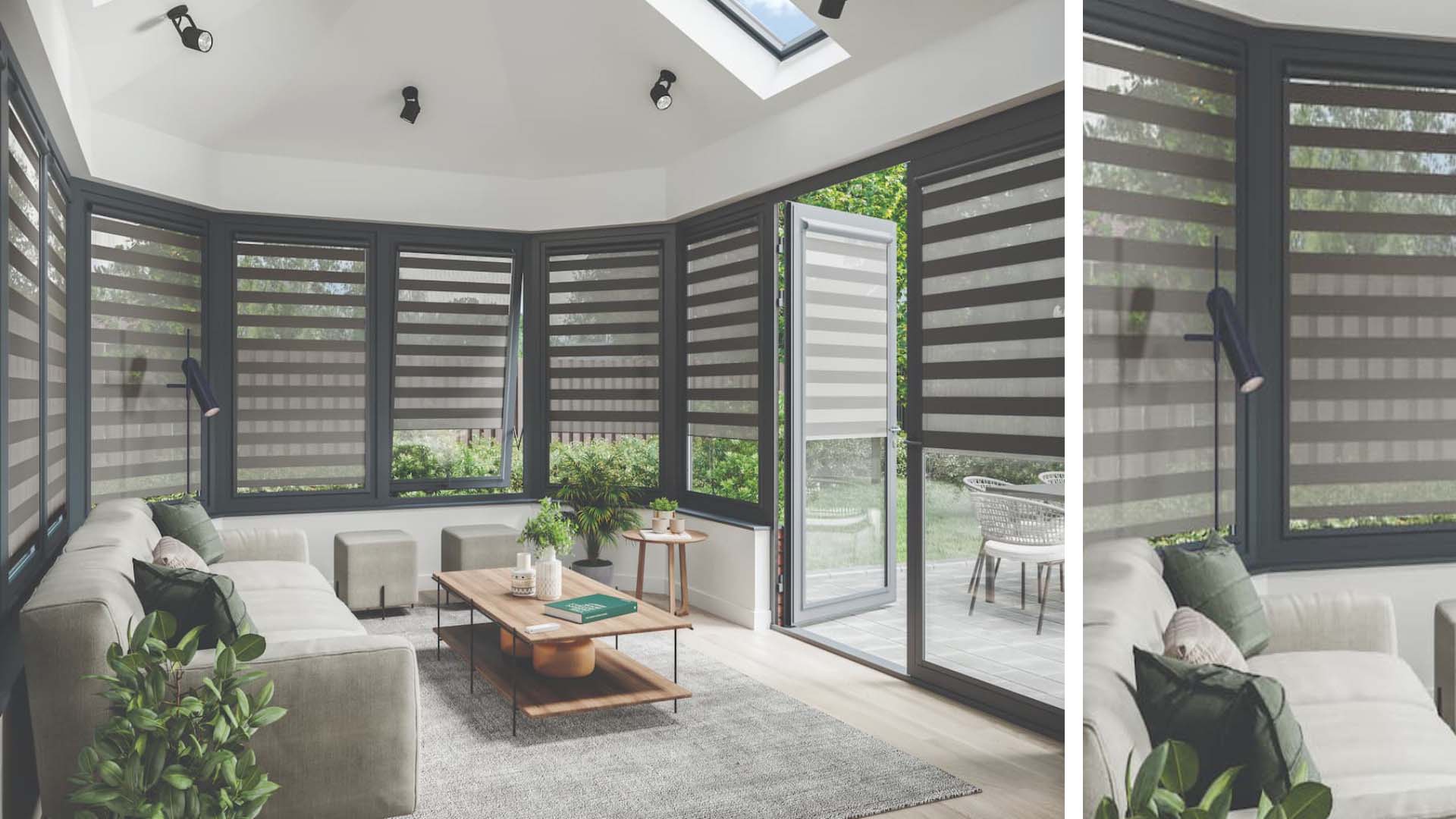 Interior view of a conservatory with dark blinds