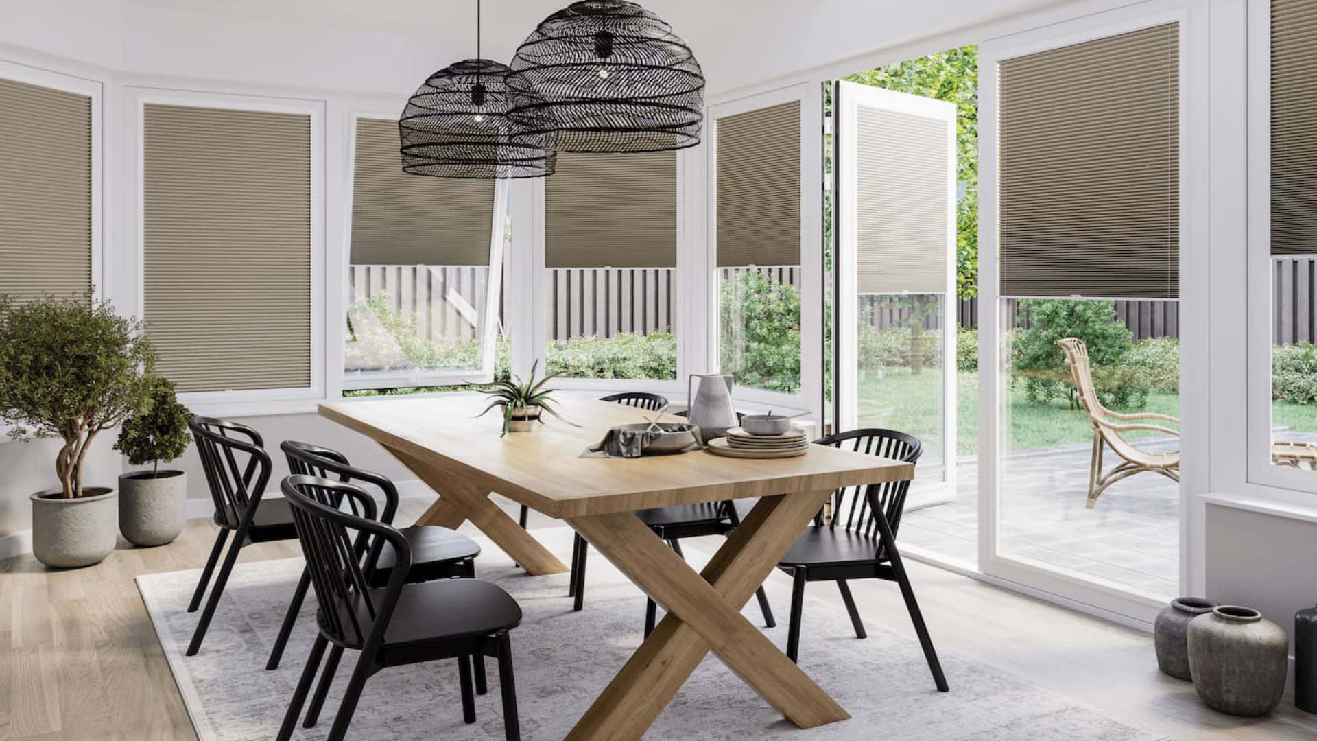Interior view of a conservatory with beige blinds half closed