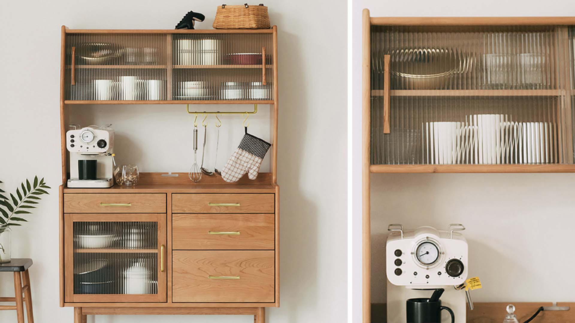 a coffee machine and cups on a wooden cupboard
