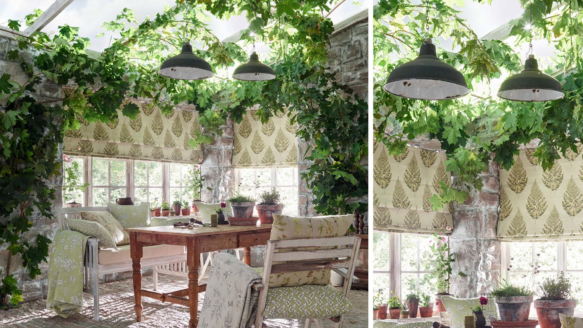 Interior view of a conservatory with plants and patterned blinds