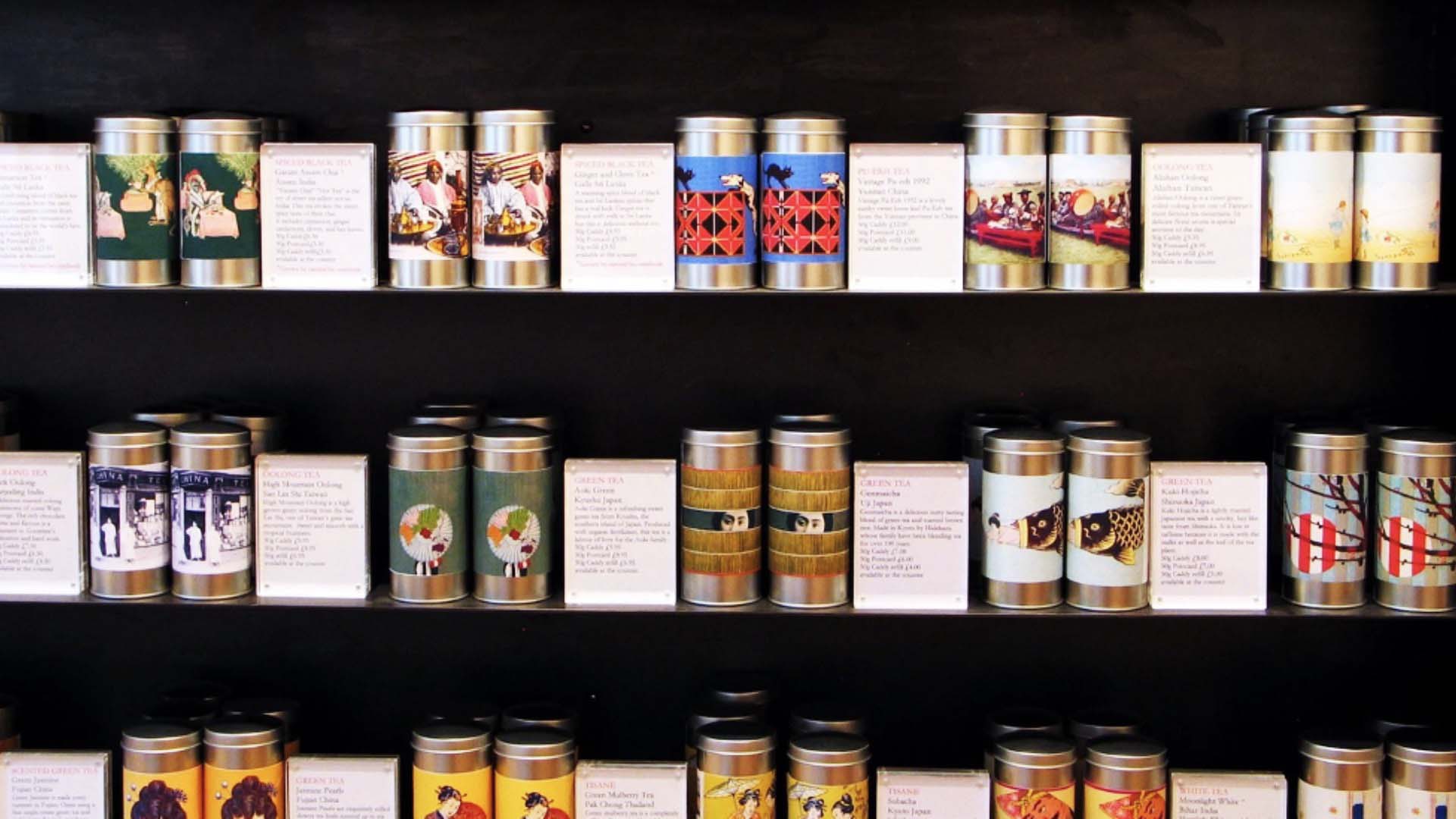 Postcard, a luxury tea emporium demonstrates the harmony of colour coordinated goods grouping on shelves