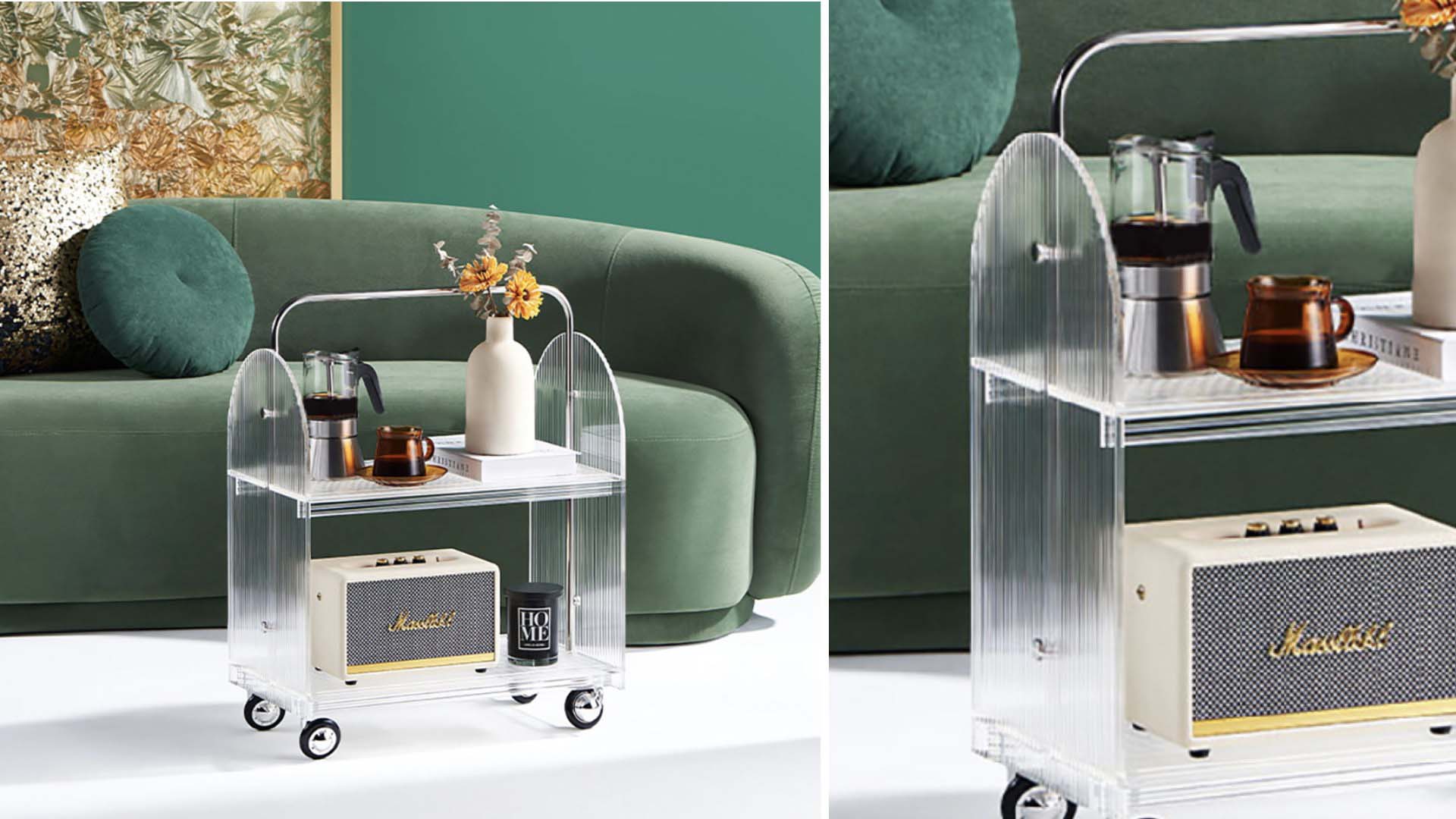 coffee on a wheeled clear table