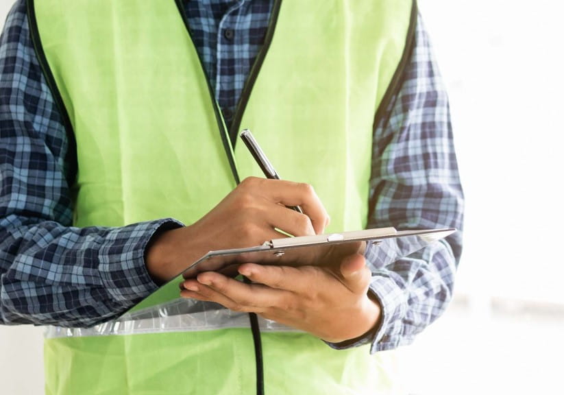 Asian young man contractor, engineering or employee holding clipboard, write on paperwork and inspecting the reconstructed construction and renovation after to check defect of apartment,home at site