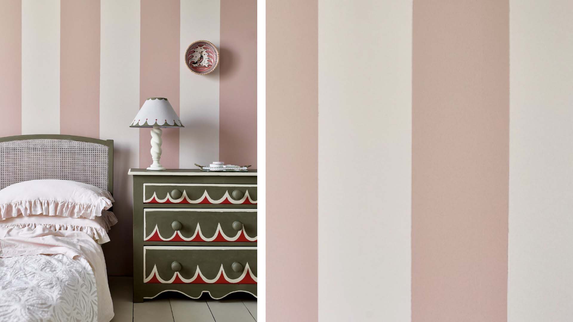 Wallpaper with large bold stripes in a bedroom