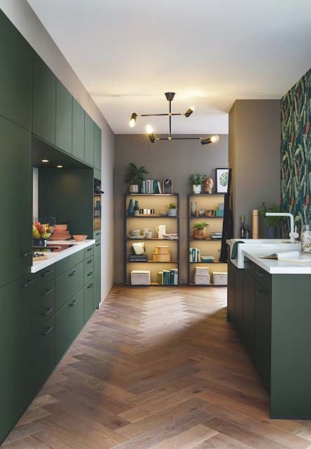A green themed galley kitchen