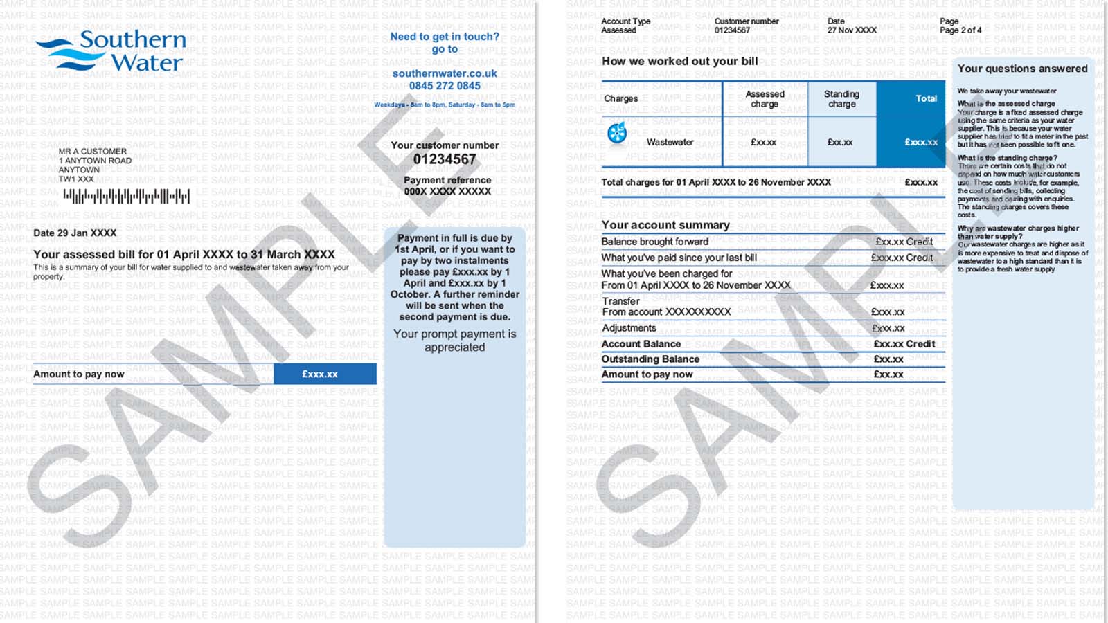 Southern Water sample of assessed water bill