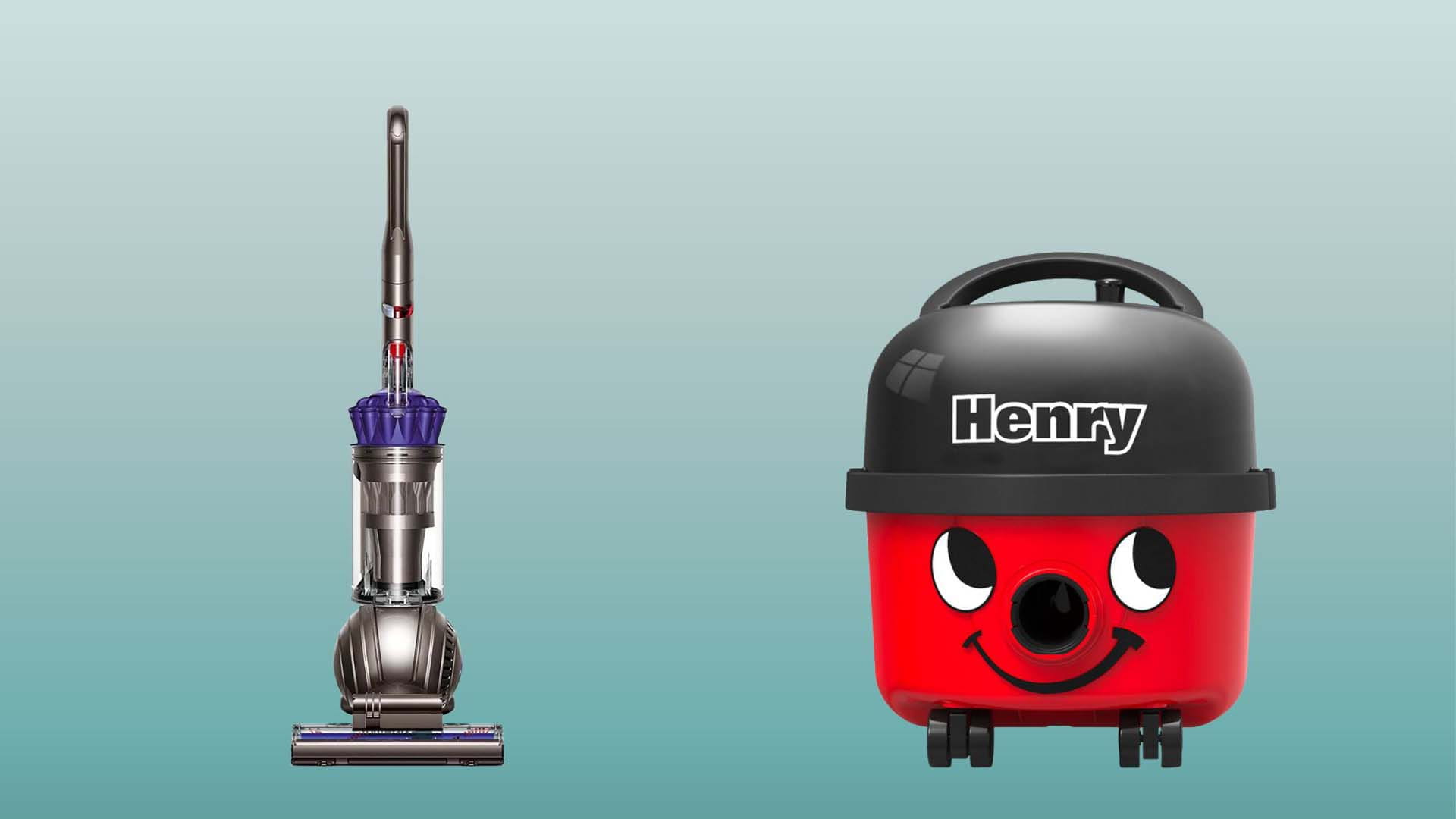A standing Dyson vacuum alongside a Henry vacuum on a blue background