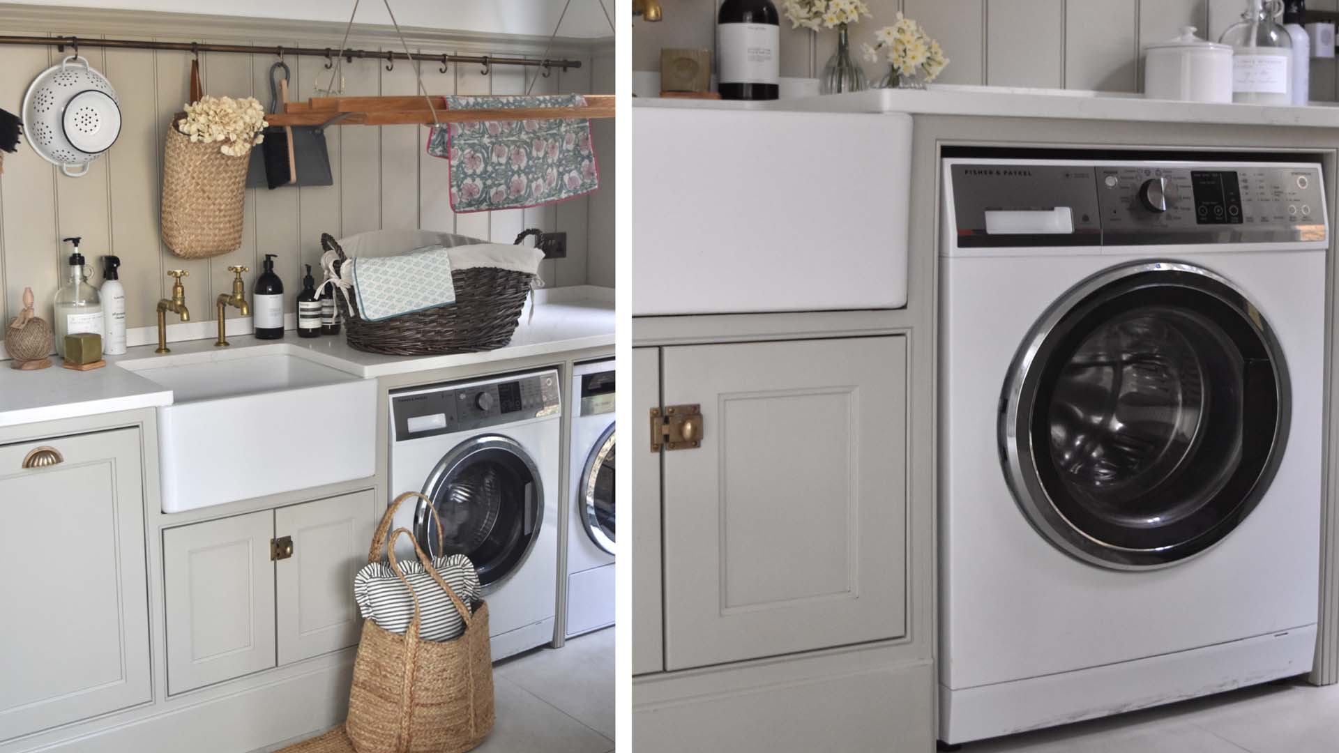 picture of washing machine in situ in utility room with cream cupboards and belfast sink