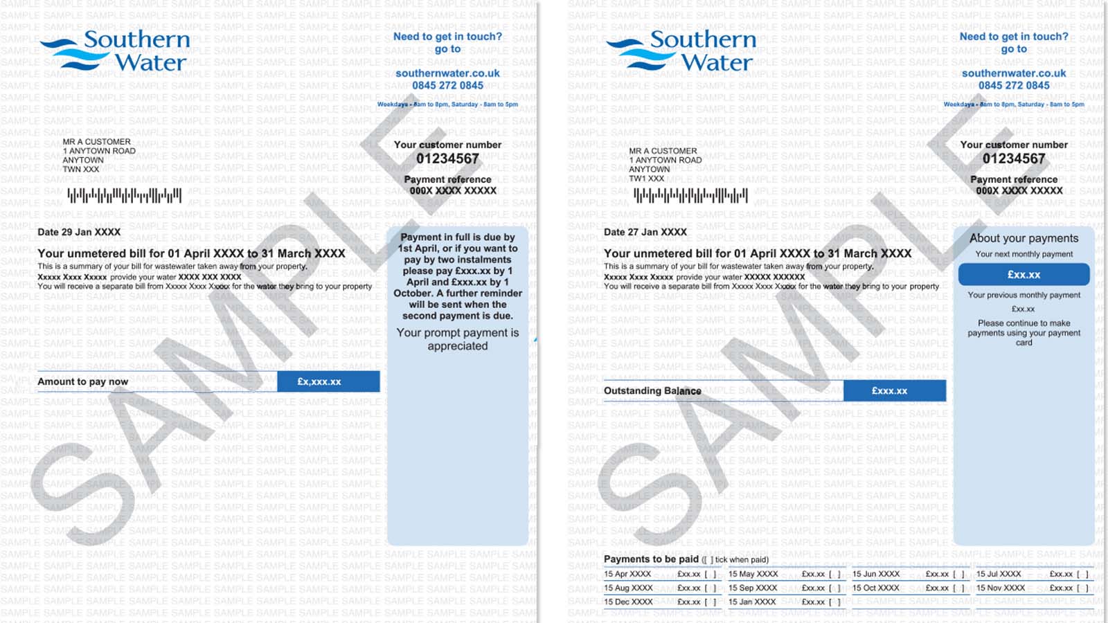 Southern Water sample of unmetered water bill