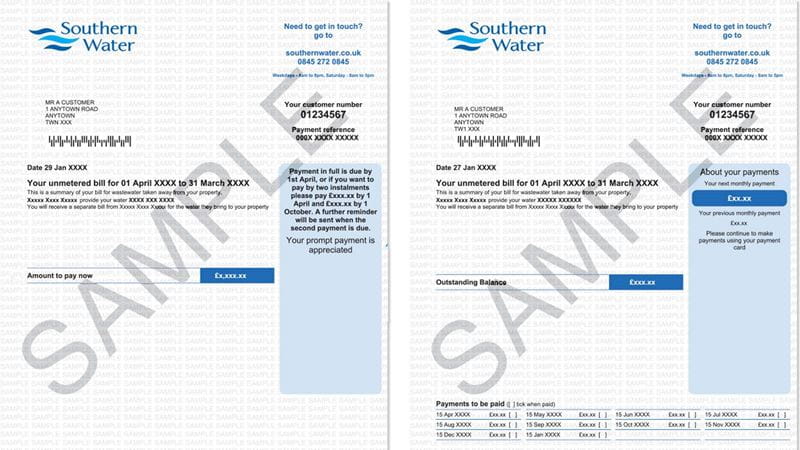 Southern Water sample of unmetered water bill