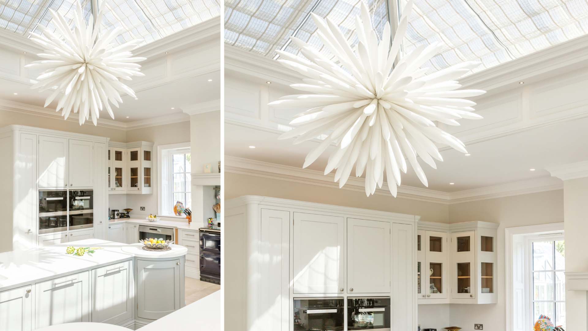 Striking sculptural light hanging from ceiling