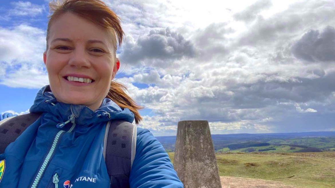 Mountain leader Kerry Crosfield takes a selfie on a hike