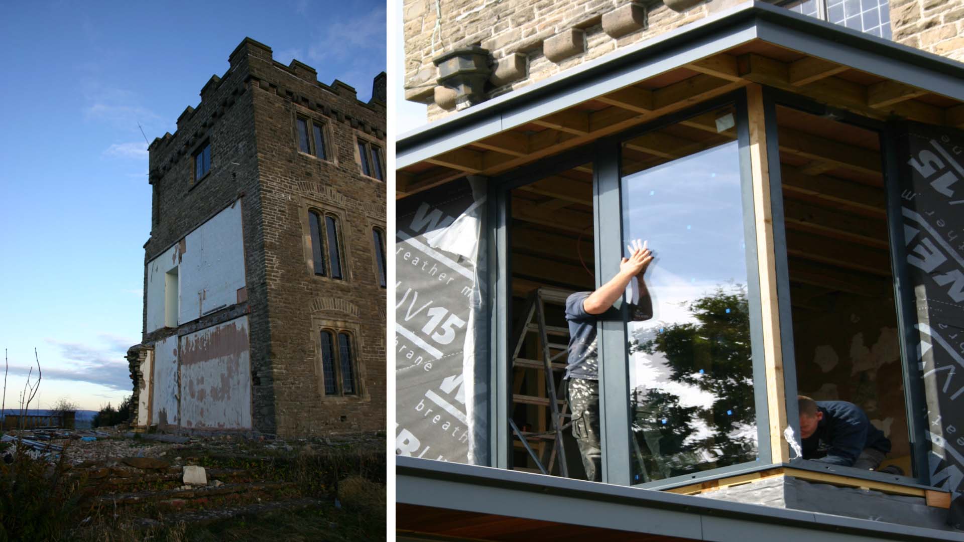 Two images showing a bathroom's location and the glass window being put in