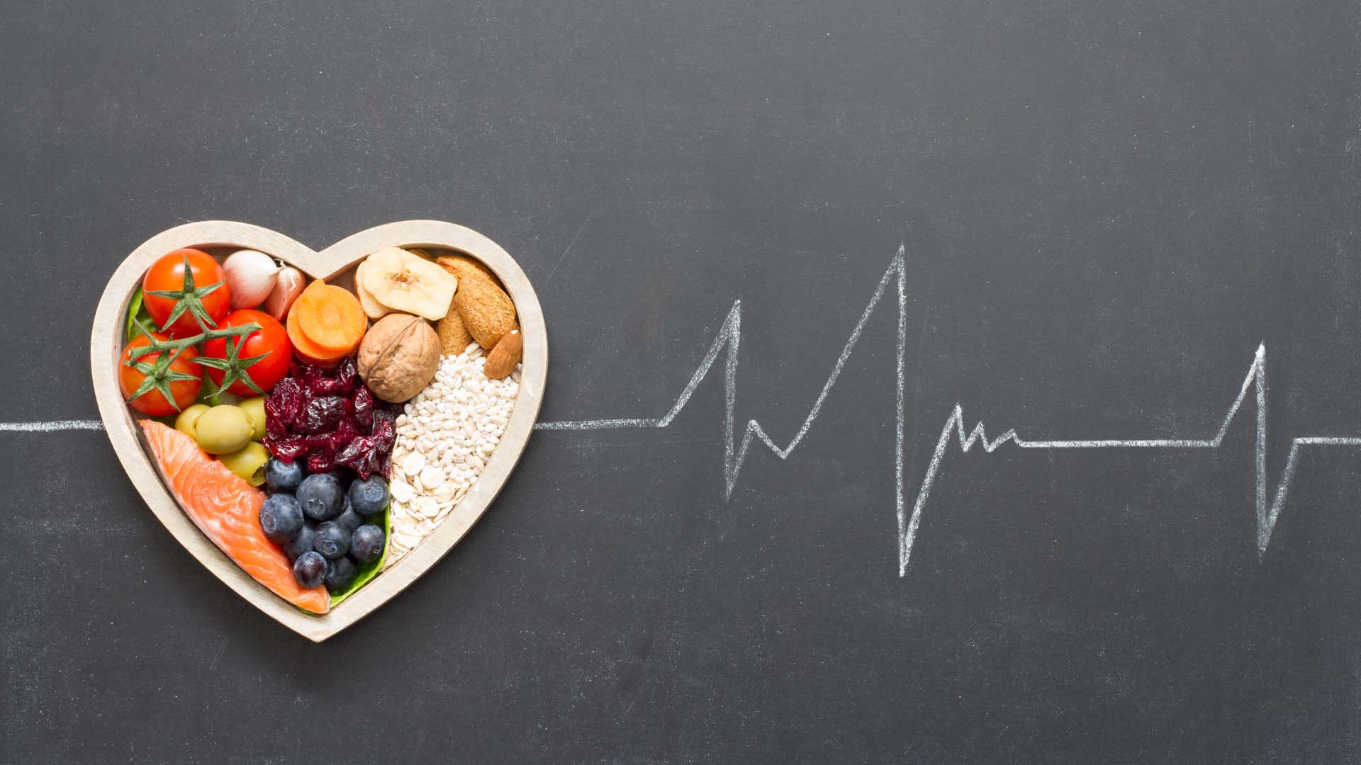 Healthy food in a heart with heart beats