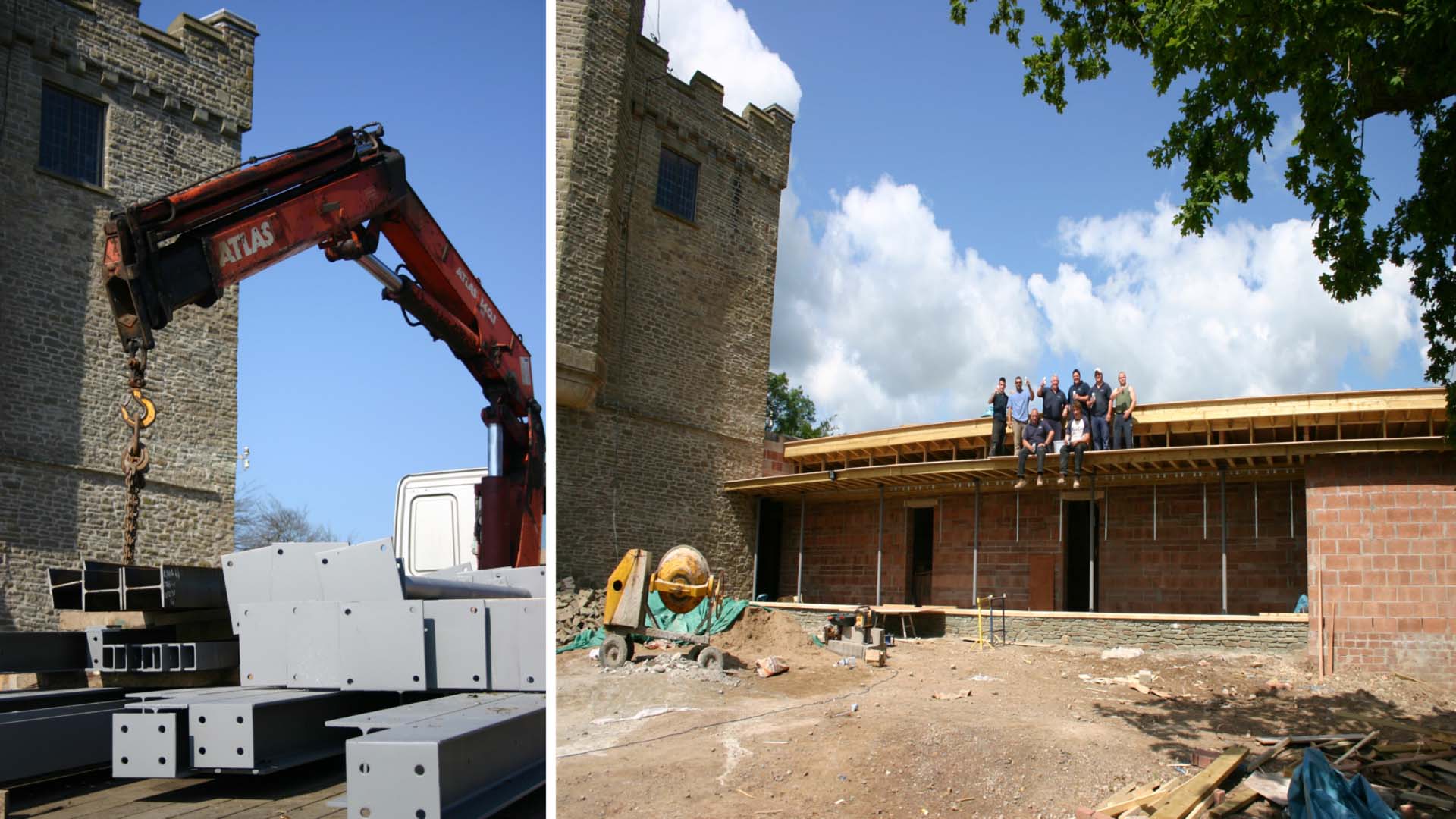 Two images showing the process of a stell delivery and a building being built