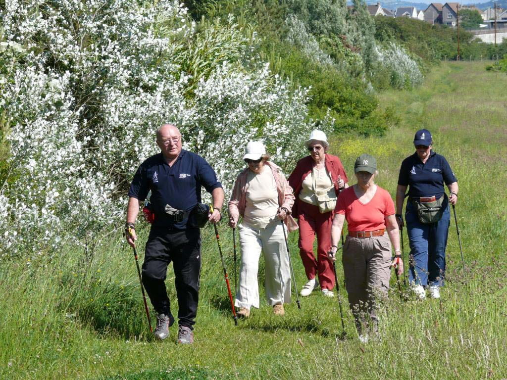 A group of older people using Nordic walking sticks on a walk through the countryside on a sunny day.