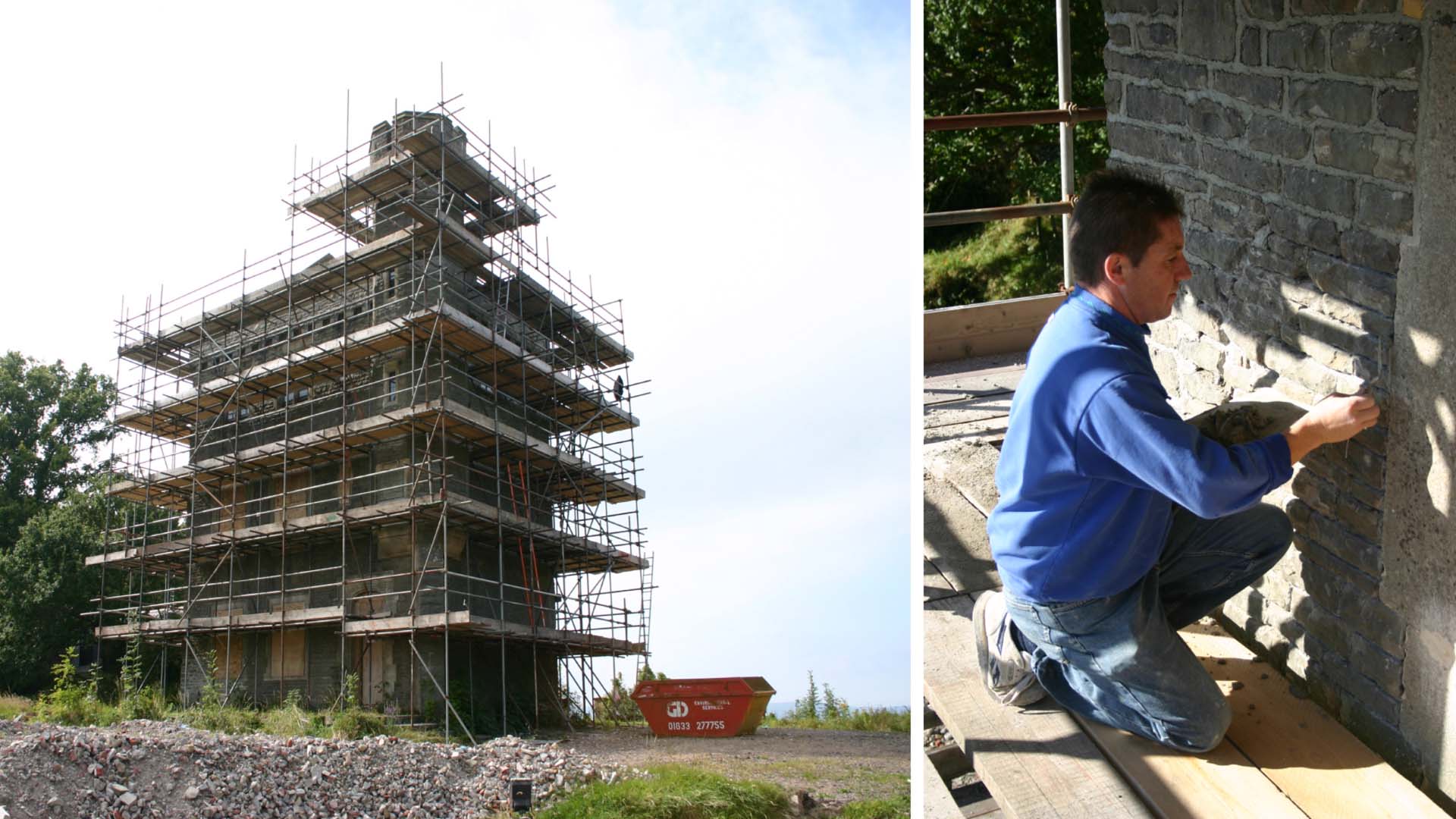 Two images, one showing the building covered in scaffolding, the other a man repointing the bricks