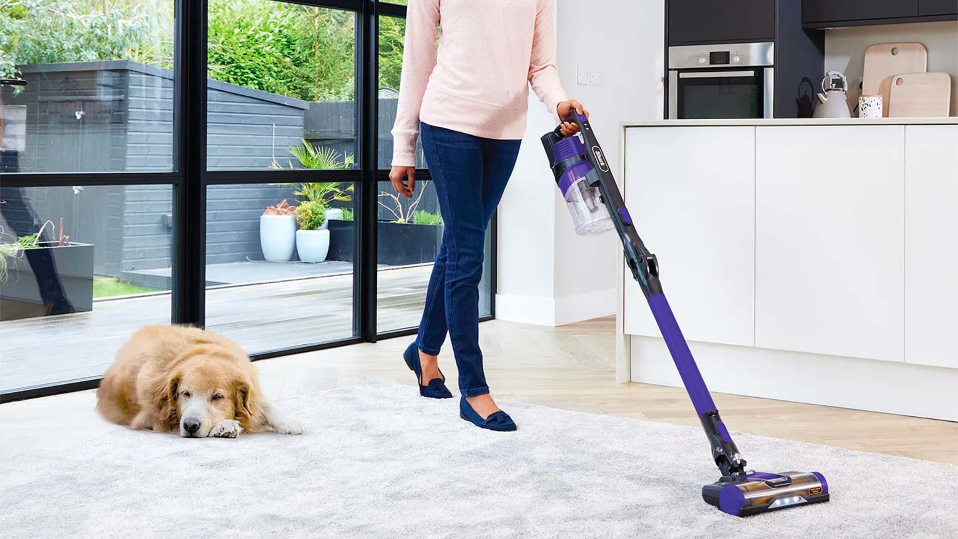 A rug being vacuumed by a cordless cleaner